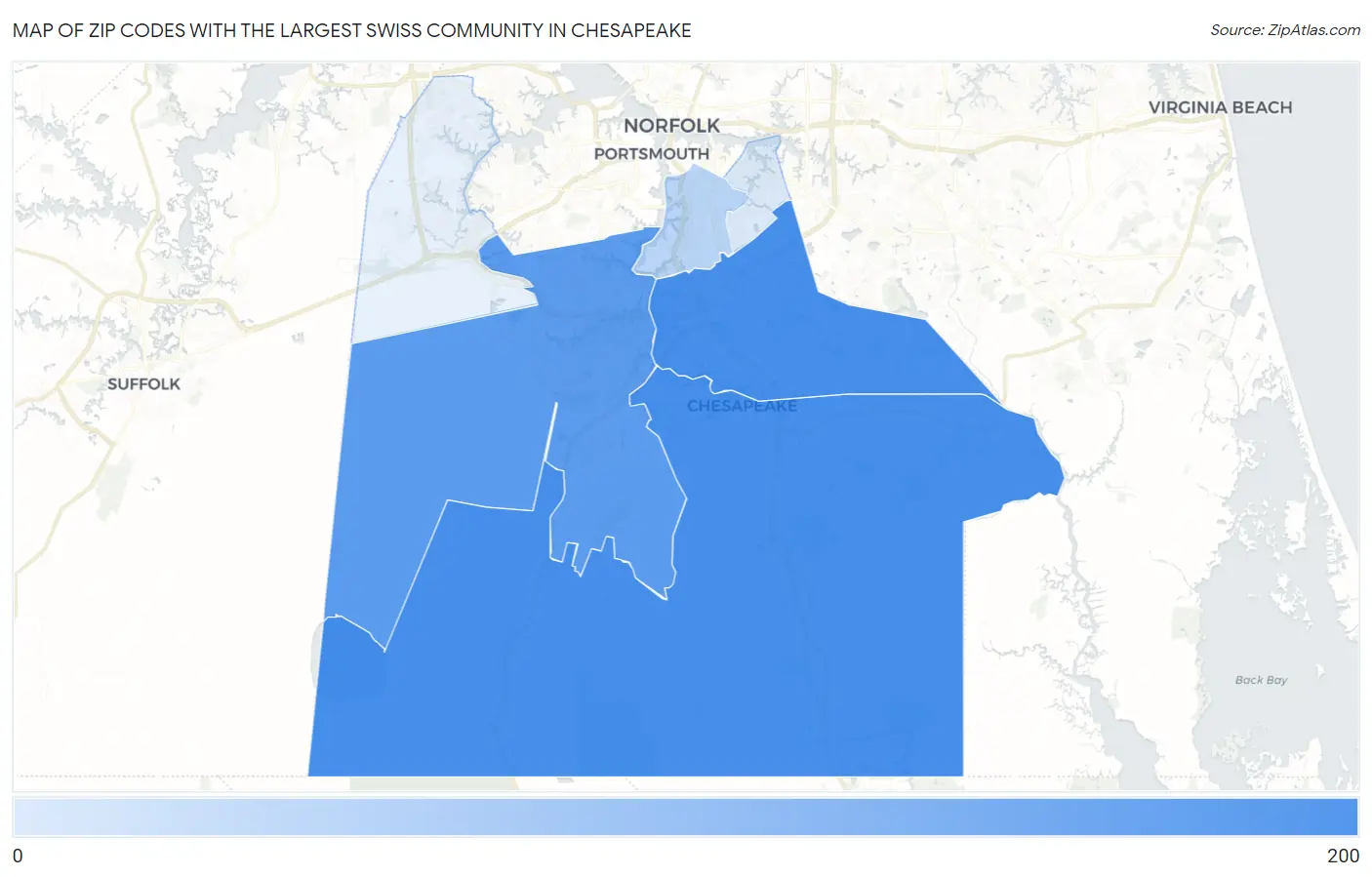 Zip Codes with the Largest Swiss Community in Chesapeake Map