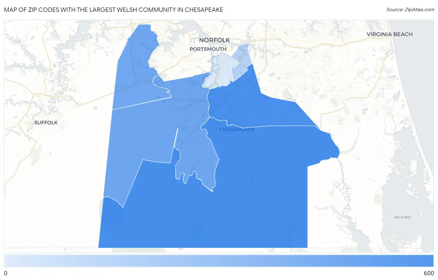Zip Codes with the Largest Welsh Community in Chesapeake Map