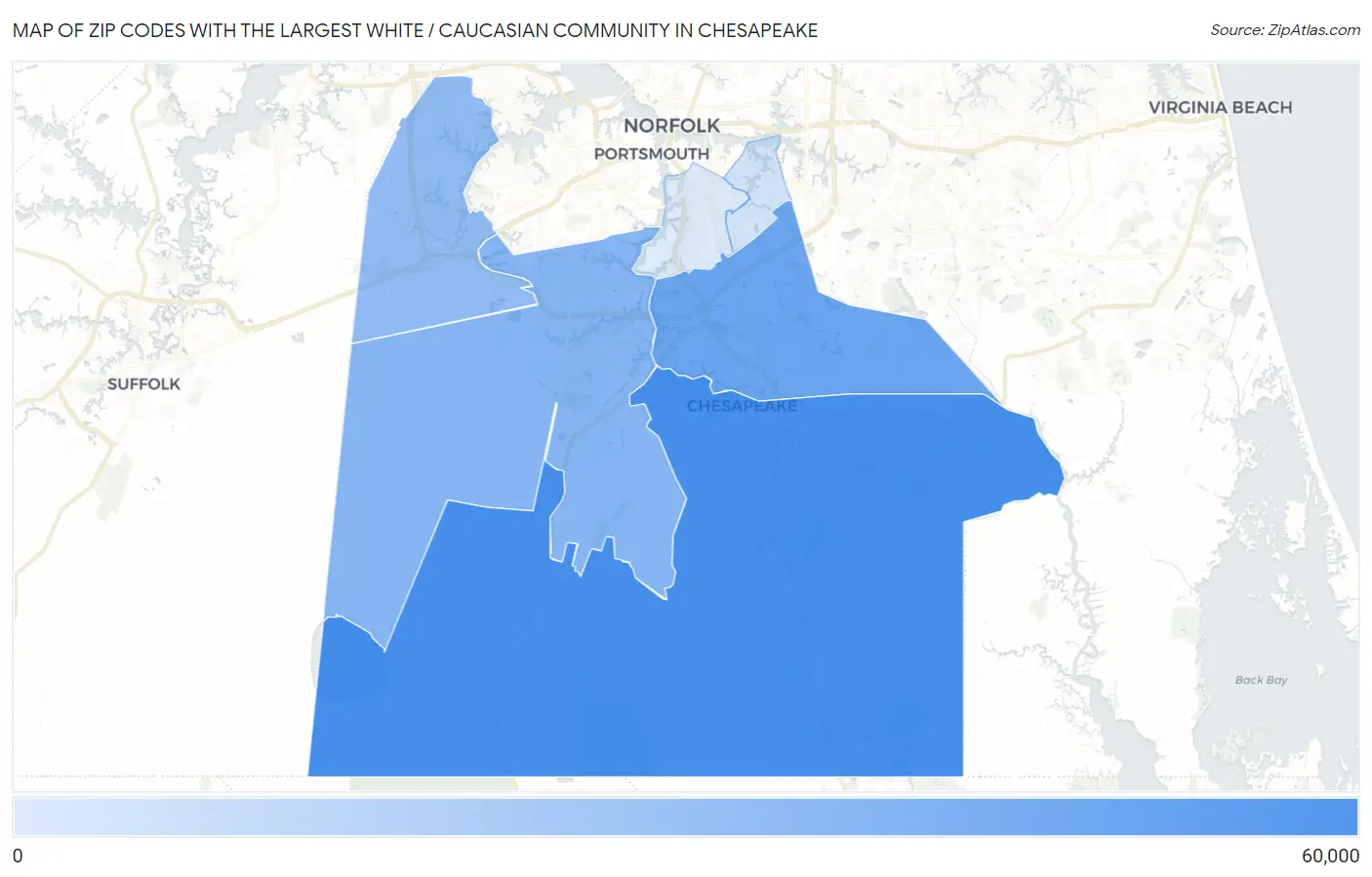Zip Codes with the Largest White / Caucasian Community in Chesapeake Map
