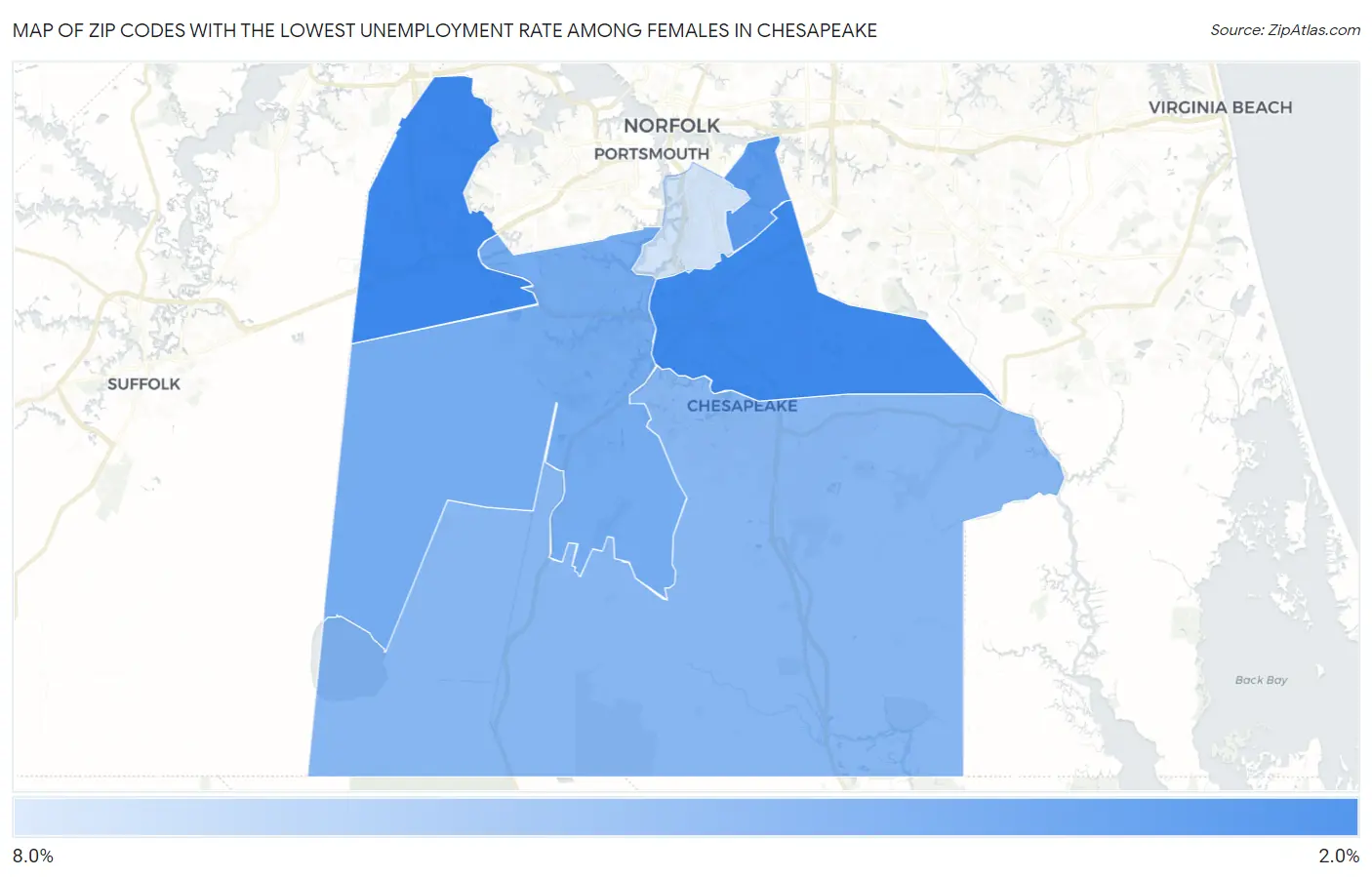 Zip Codes with the Lowest Unemployment Rate Among Females in Chesapeake Map