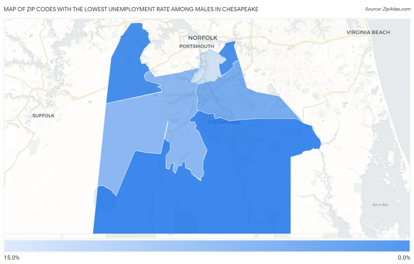 Zip Codes with the Lowest Unemployment Rate Among Males in Chesapeake Map
