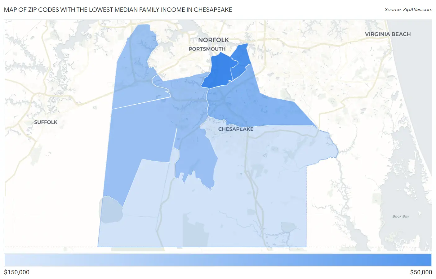 Zip Codes with the Lowest Median Family Income in Chesapeake Map