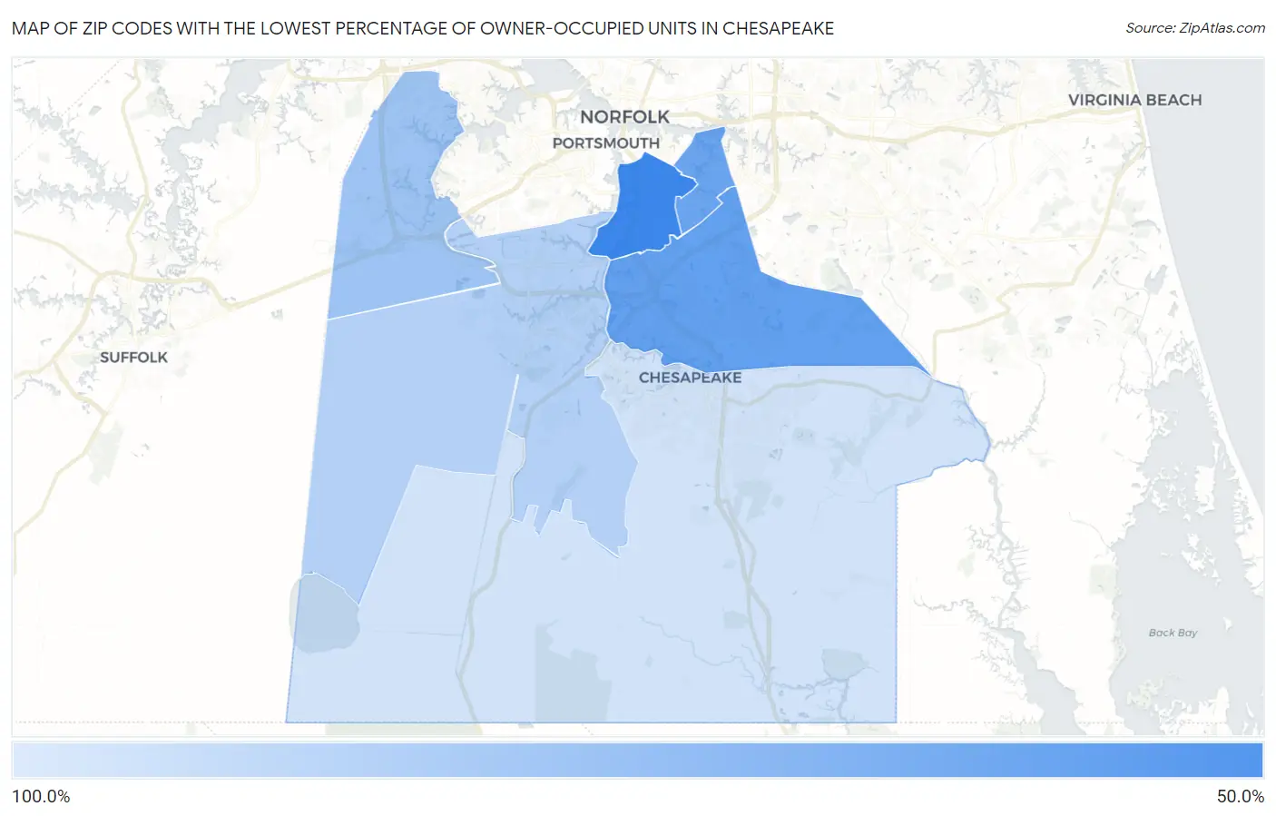 Zip Codes with the Lowest Percentage of Owner-Occupied Units in Chesapeake Map