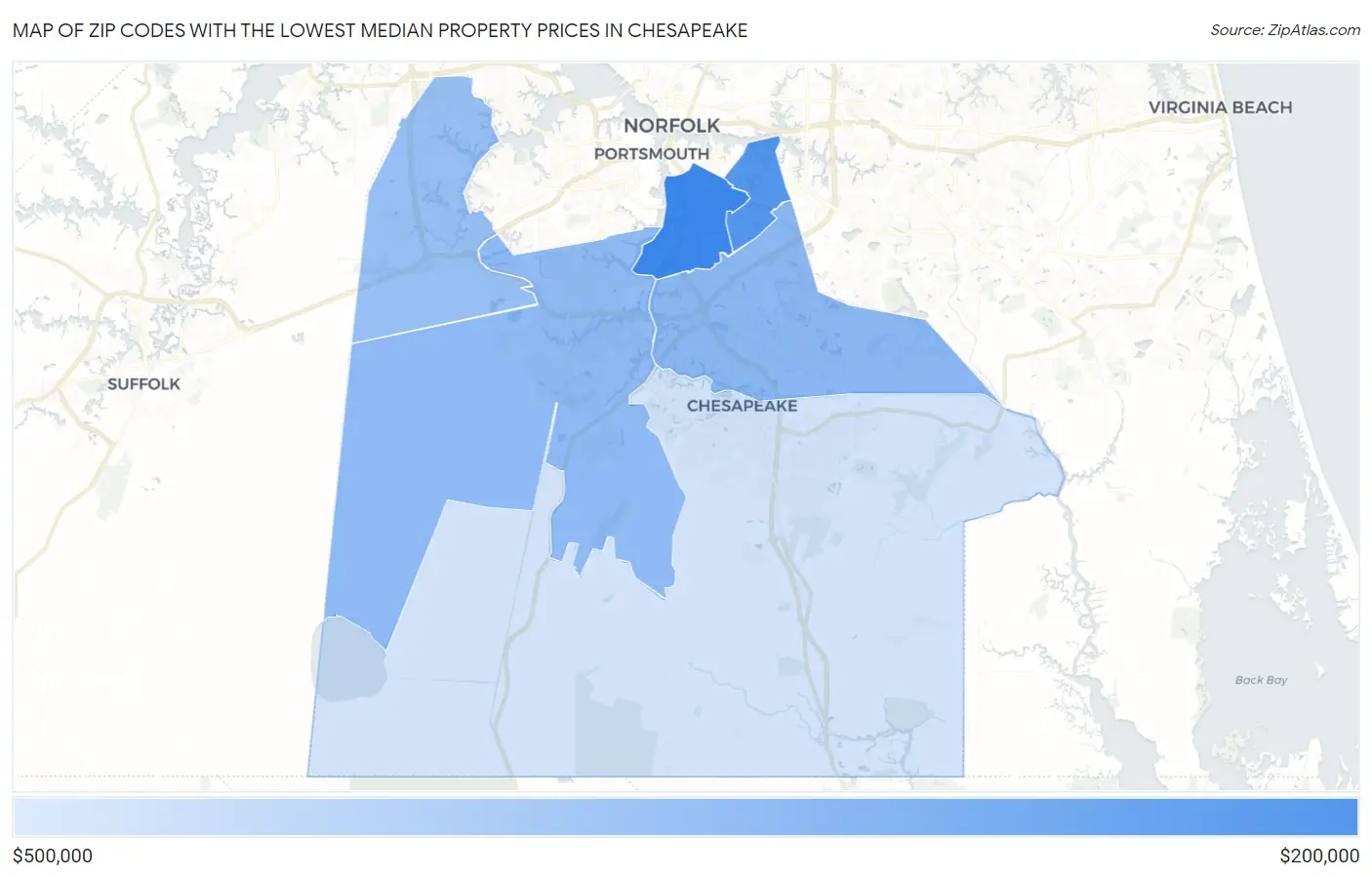 Zip Codes with the Lowest Median Property Prices in Chesapeake Map