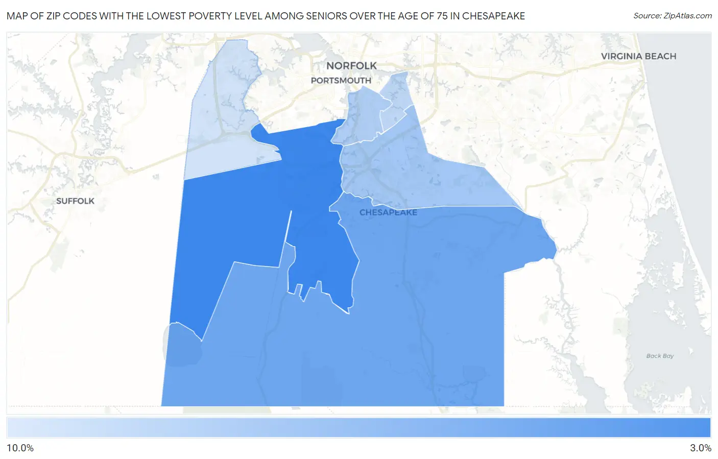 Zip Codes with the Lowest Poverty Level Among Seniors Over the Age of 75 in Chesapeake Map