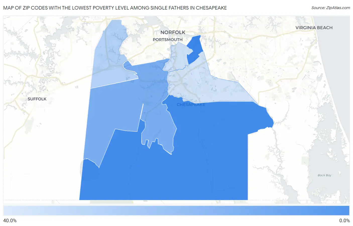 Zip Codes with the Lowest Poverty Level Among Single Fathers in Chesapeake Map