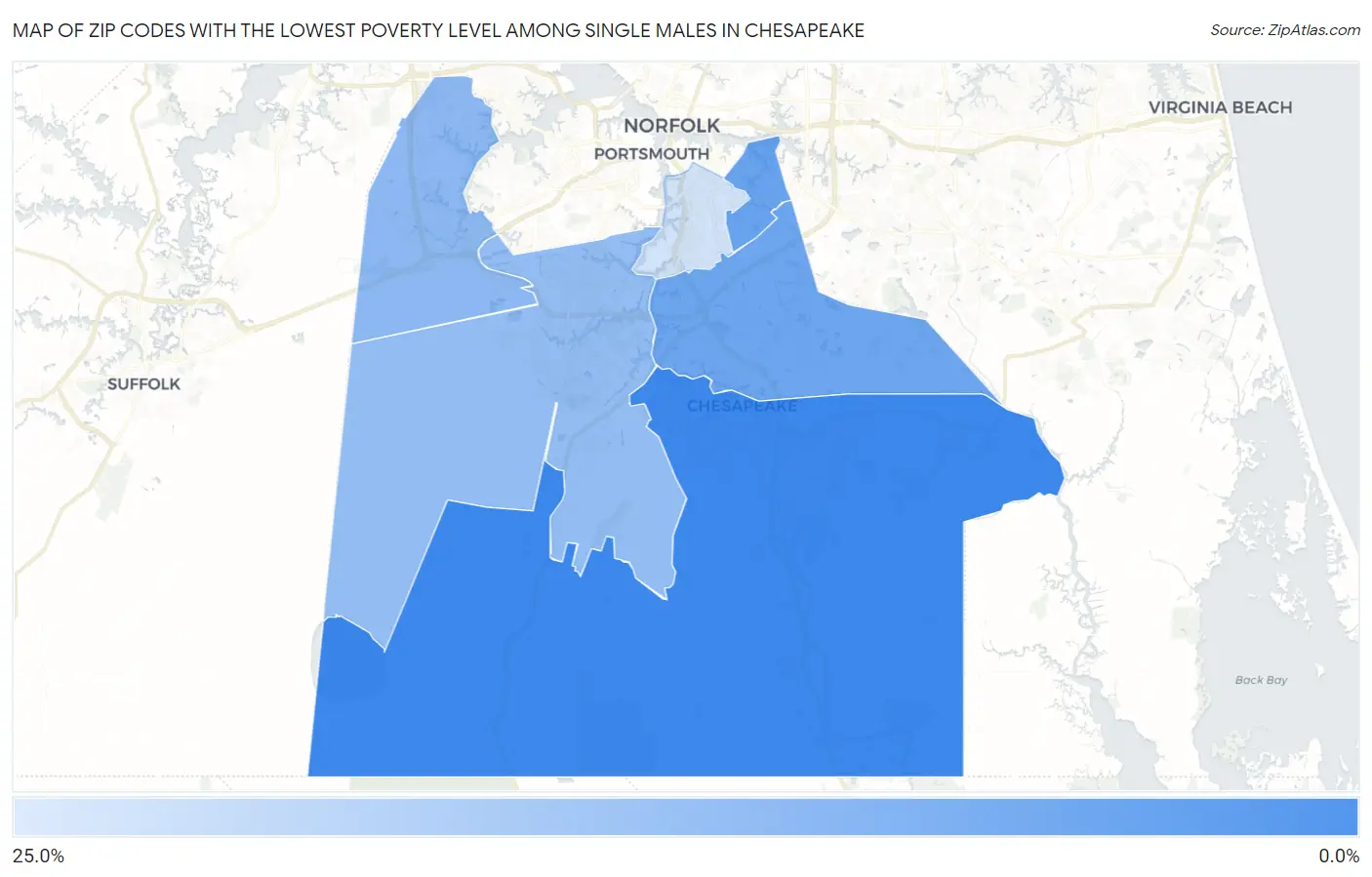 Zip Codes with the Lowest Poverty Level Among Single Males in Chesapeake Map