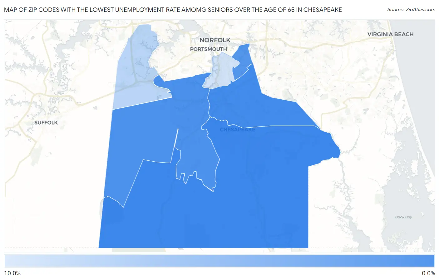 Zip Codes with the Lowest Unemployment Rate Amomg Seniors Over the Age of 65 in Chesapeake Map