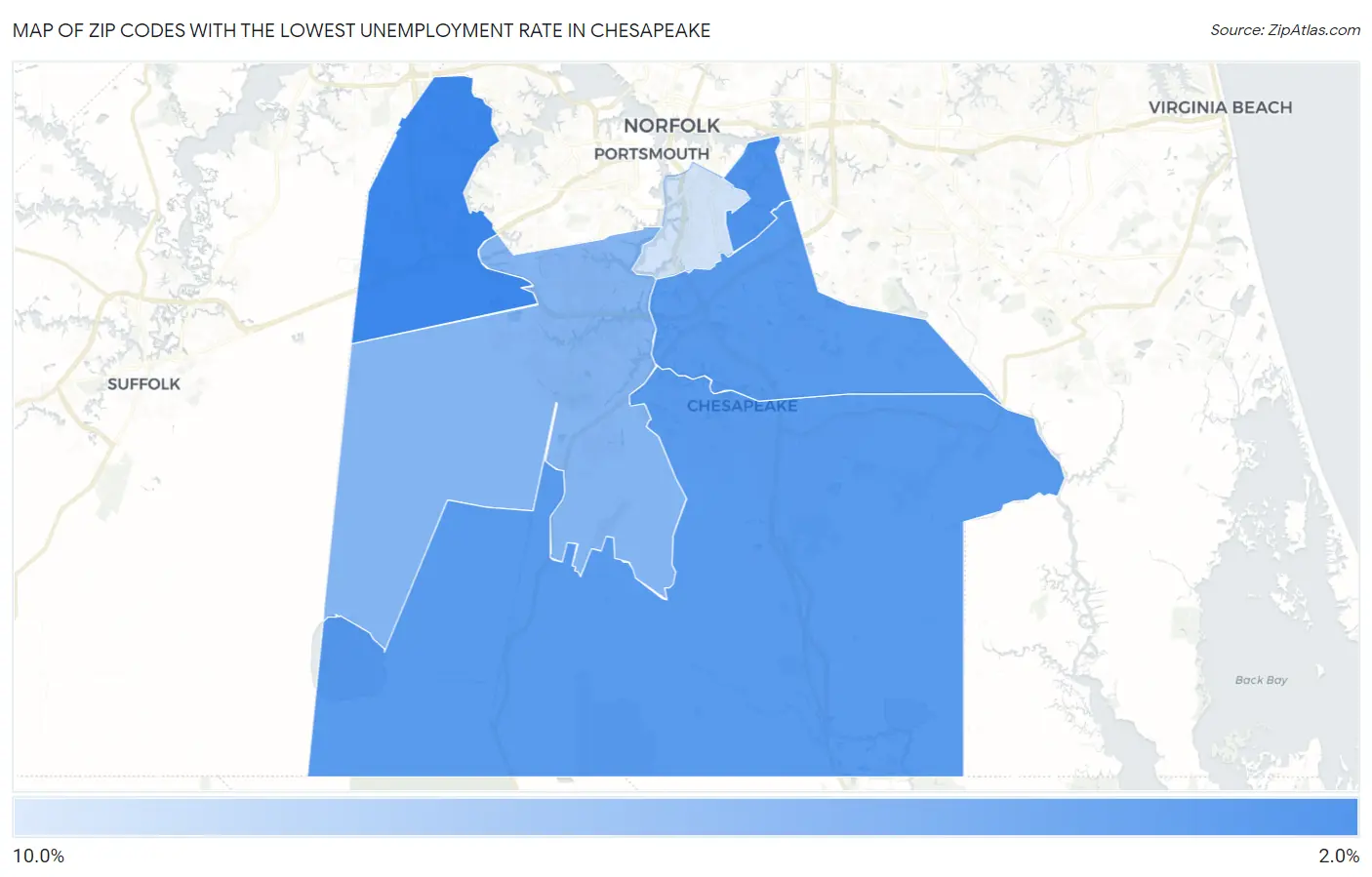 Zip Codes with the Lowest Unemployment Rate in Chesapeake Map