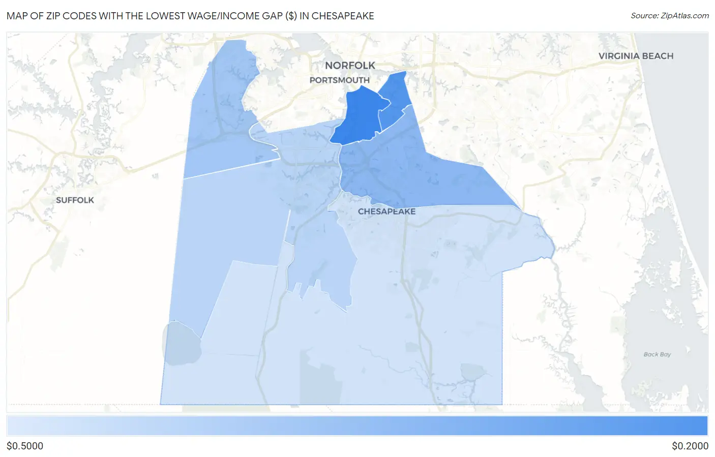 Zip Codes with the Lowest Wage/Income Gap ($) in Chesapeake Map