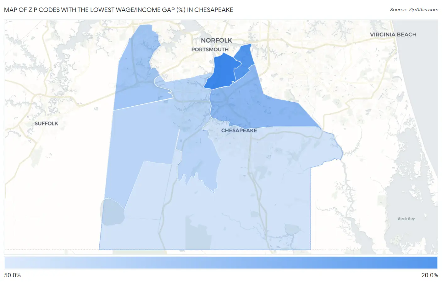 Zip Codes with the Lowest Wage/Income Gap (%) in Chesapeake Map