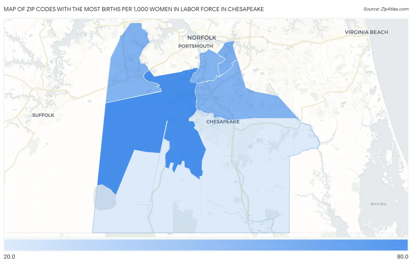 Zip Codes with the Most Births per 1,000 Women in Labor Force in Chesapeake Map