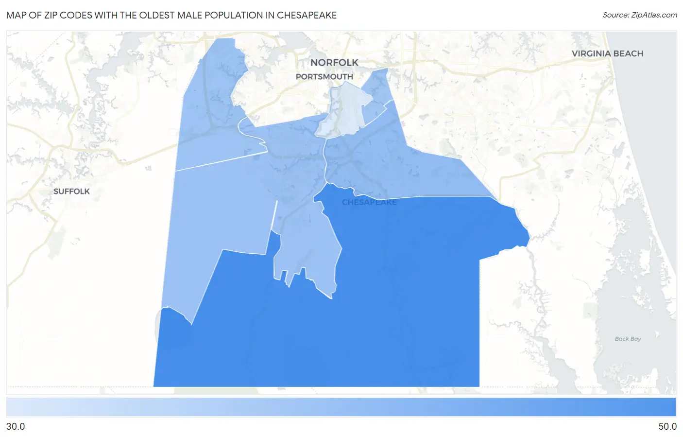 Zip Codes with the Oldest Male Population in Chesapeake Map
