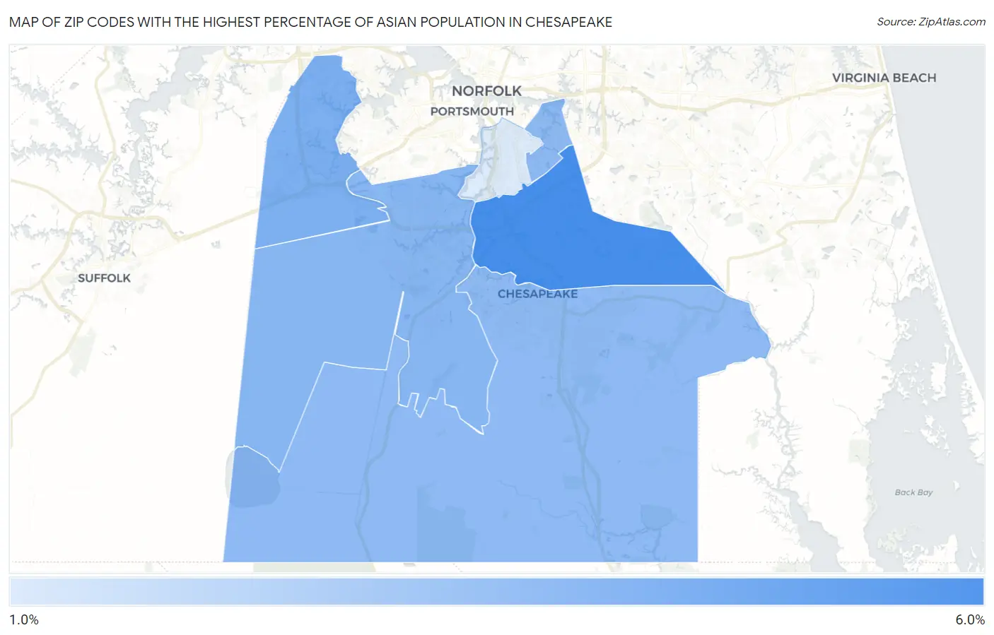 Zip Codes with the Highest Percentage of Asian Population in Chesapeake Map