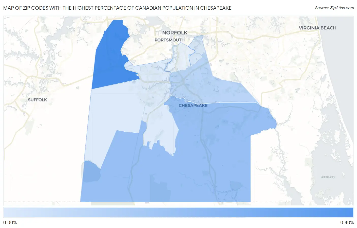 Zip Codes with the Highest Percentage of Canadian Population in Chesapeake Map