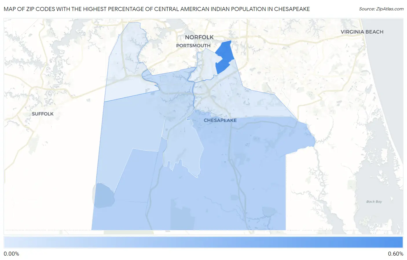 Zip Codes with the Highest Percentage of Central American Indian Population in Chesapeake Map