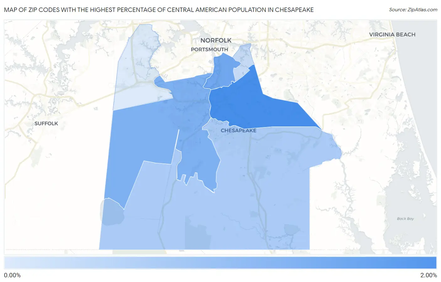 Zip Codes with the Highest Percentage of Central American Population in Chesapeake Map