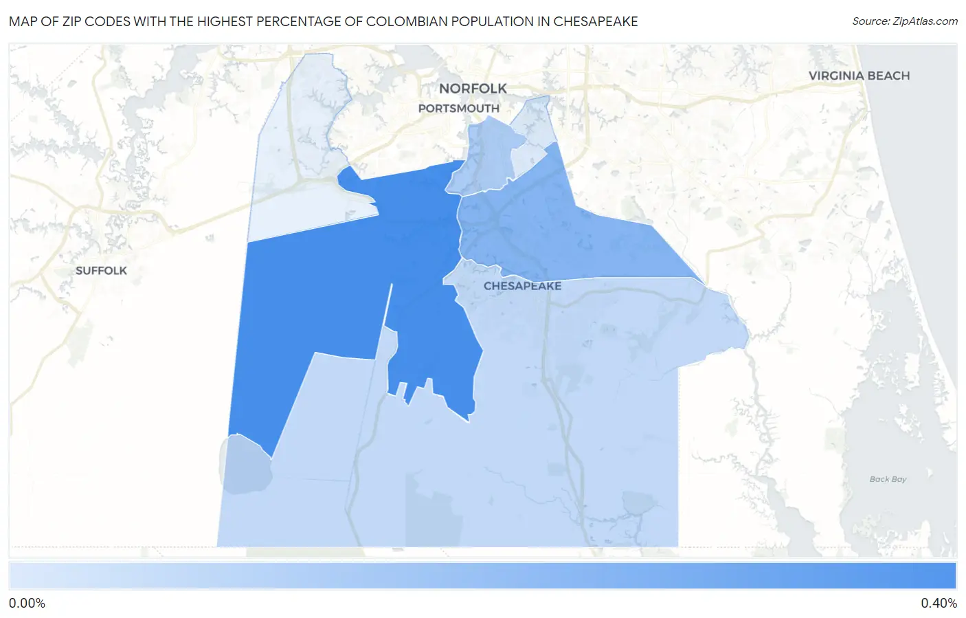 Zip Codes with the Highest Percentage of Colombian Population in Chesapeake Map
