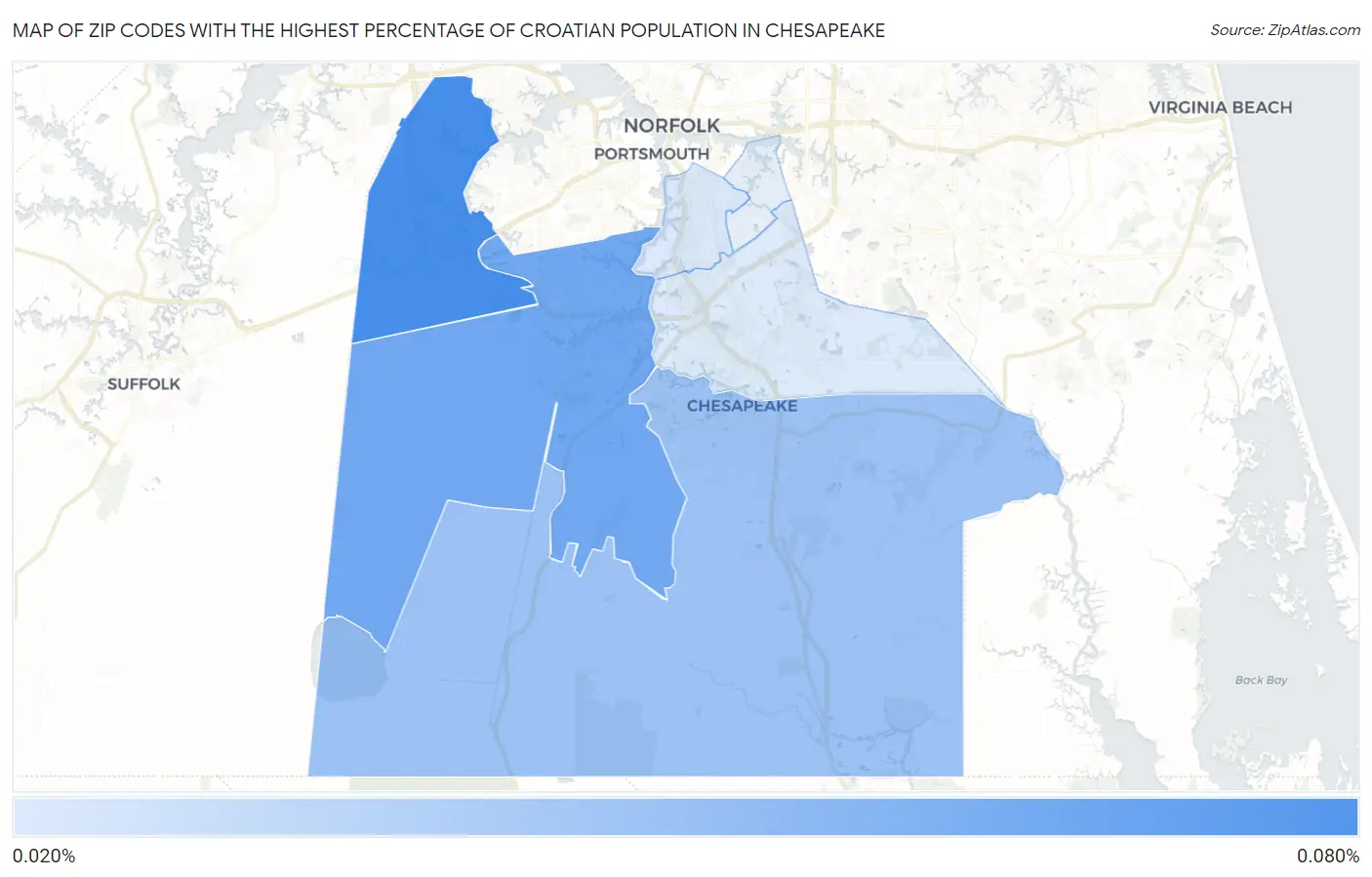 Zip Codes with the Highest Percentage of Croatian Population in Chesapeake Map