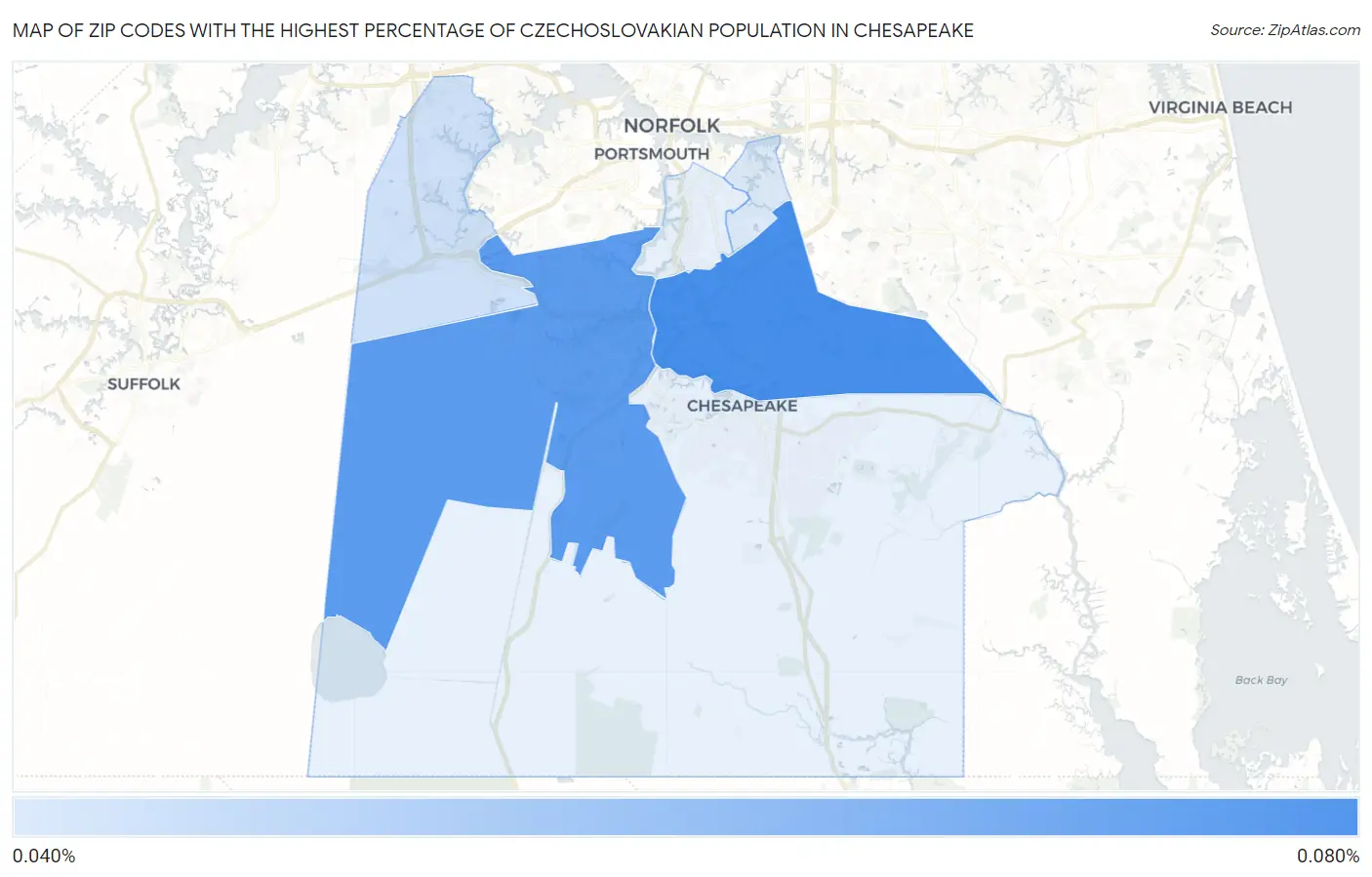 Zip Codes with the Highest Percentage of Czechoslovakian Population in Chesapeake Map