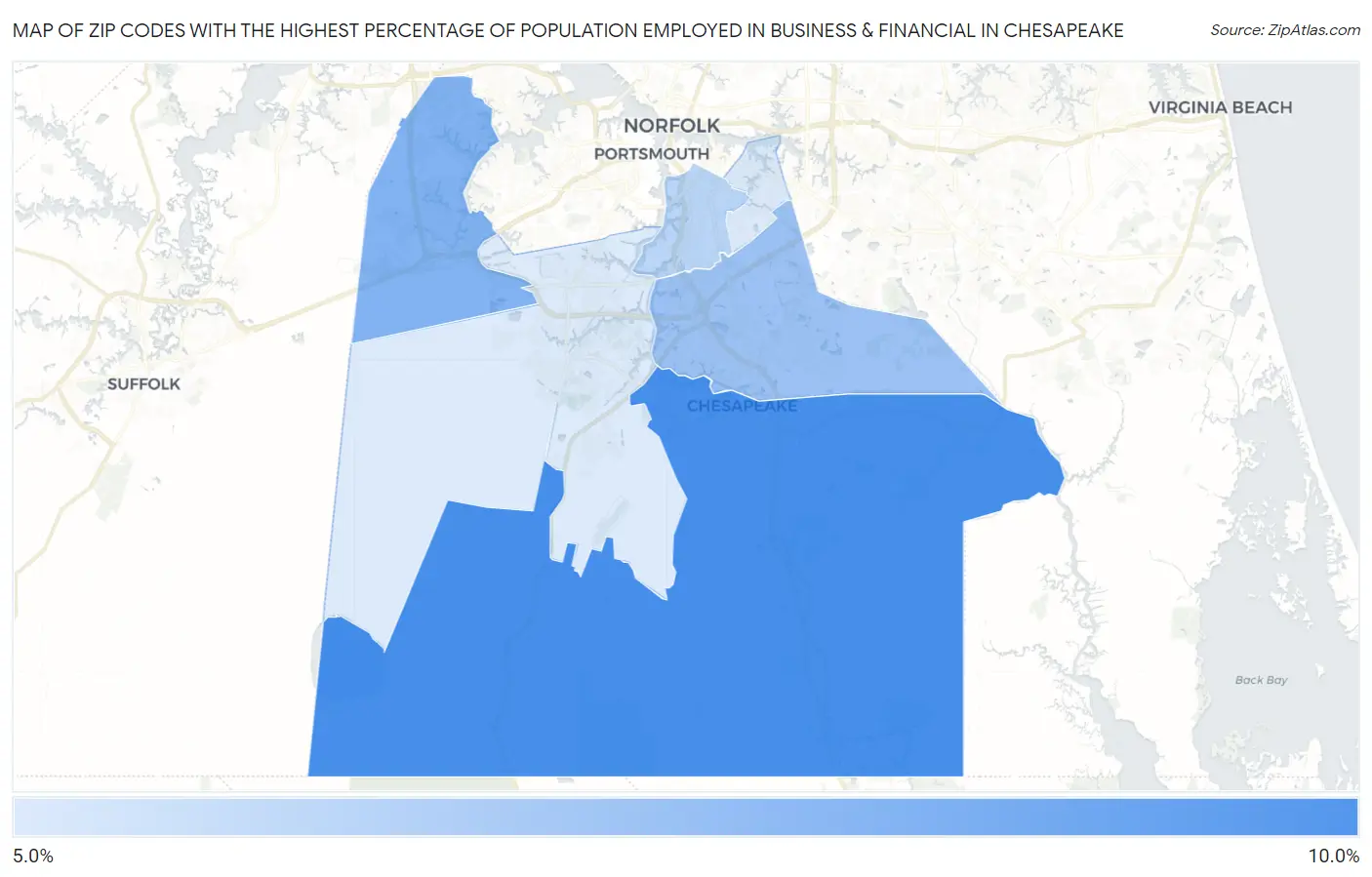 Zip Codes with the Highest Percentage of Population Employed in Business & Financial in Chesapeake Map