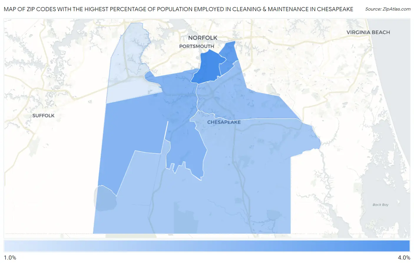 Zip Codes with the Highest Percentage of Population Employed in Cleaning & Maintenance in Chesapeake Map