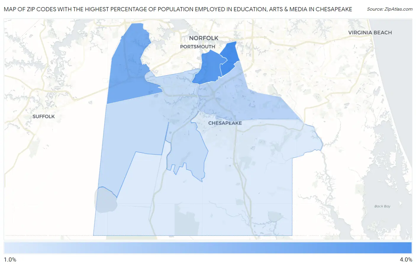 Zip Codes with the Highest Percentage of Population Employed in Education, Arts & Media in Chesapeake Map