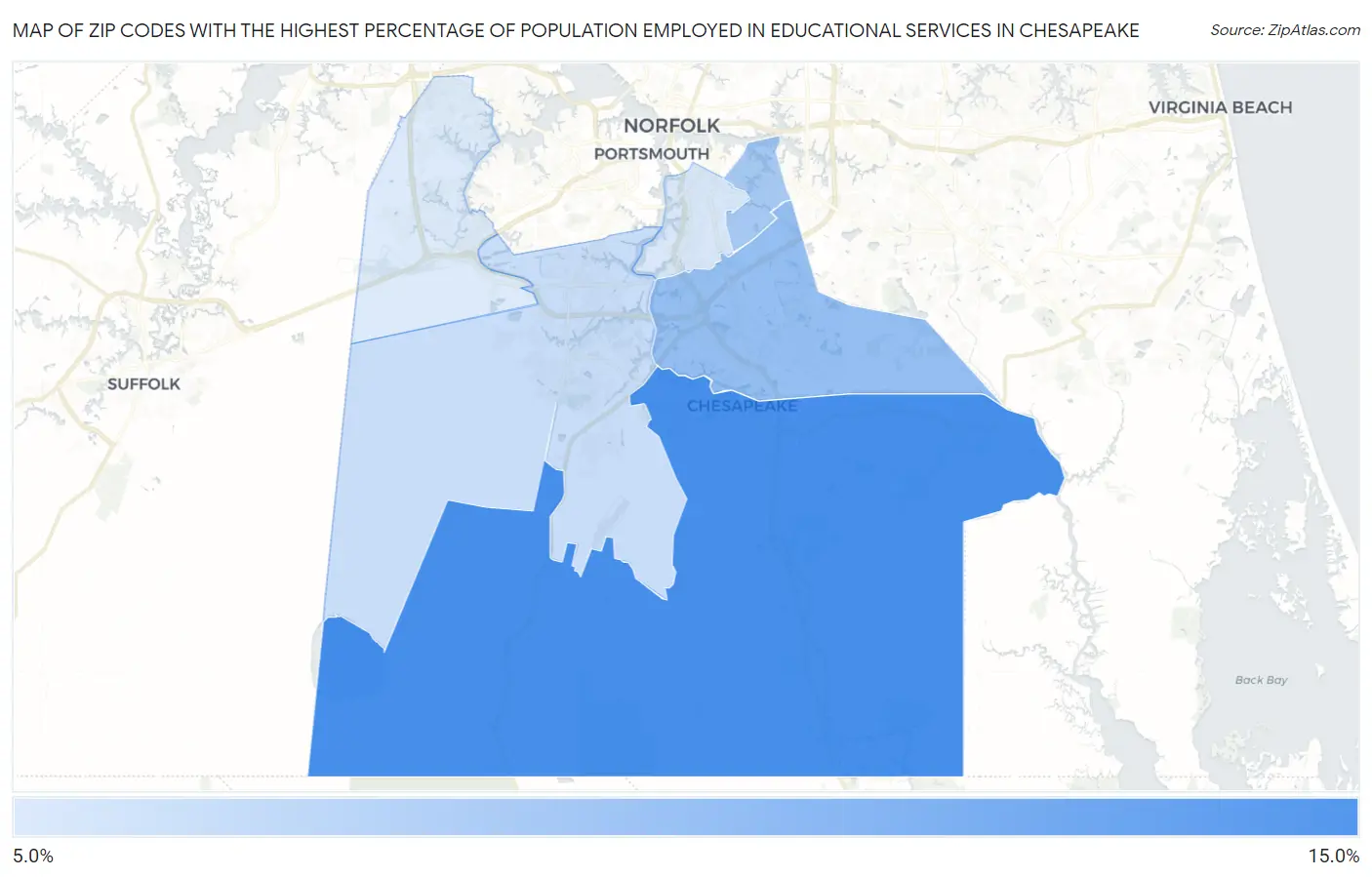 Zip Codes with the Highest Percentage of Population Employed in Educational Services in Chesapeake Map