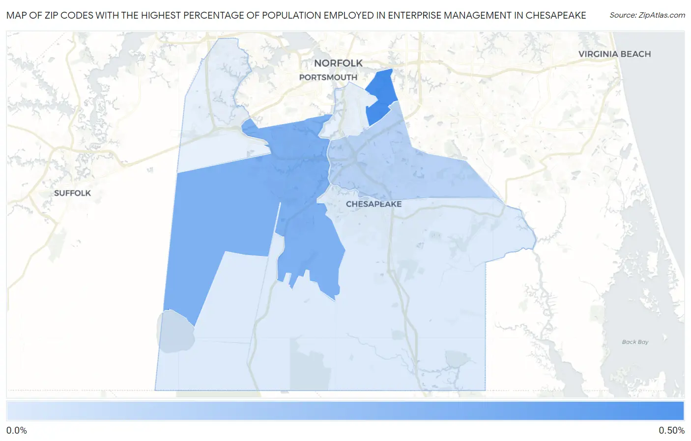 Zip Codes with the Highest Percentage of Population Employed in Enterprise Management in Chesapeake Map