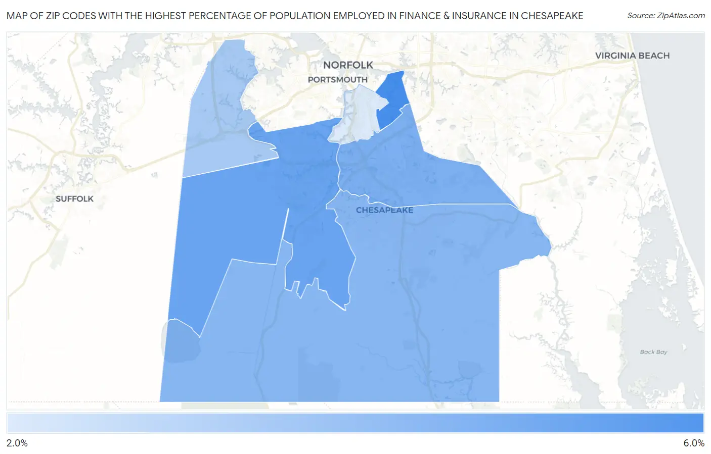 Zip Codes with the Highest Percentage of Population Employed in Finance & Insurance in Chesapeake Map