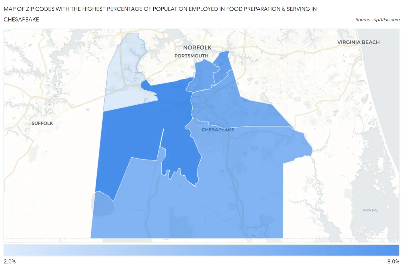 Zip Codes with the Highest Percentage of Population Employed in Food Preparation & Serving in Chesapeake Map