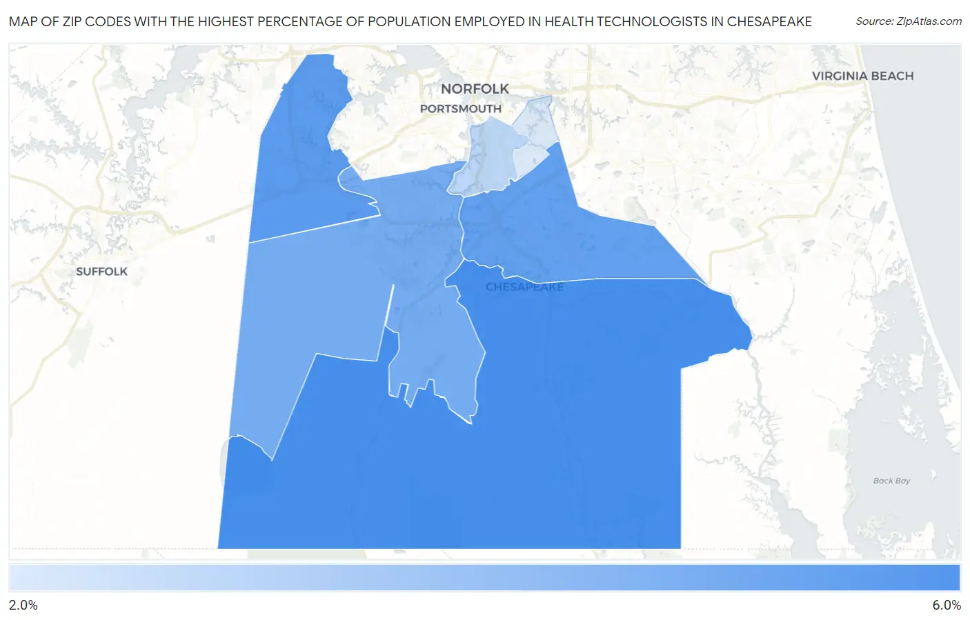 Zip Codes with the Highest Percentage of Population Employed in Health Technologists in Chesapeake Map