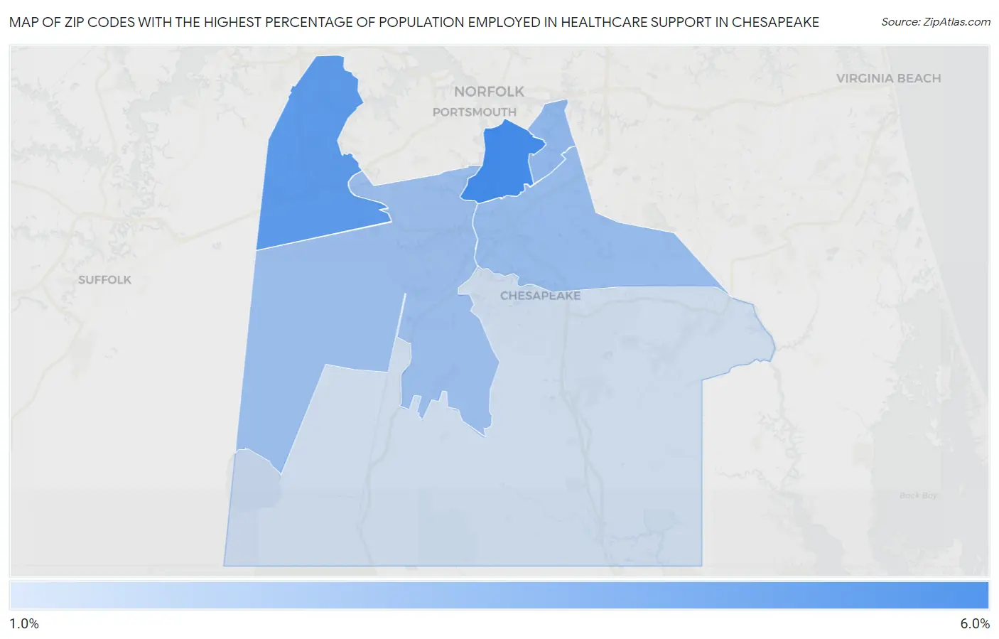 Zip Codes with the Highest Percentage of Population Employed in Healthcare Support in Chesapeake Map