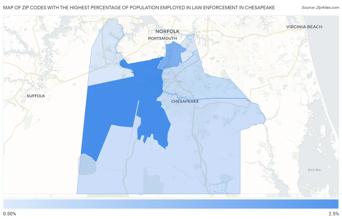 Zip Codes with the Highest Percentage of Population Employed in Law Enforcement in Chesapeake Map