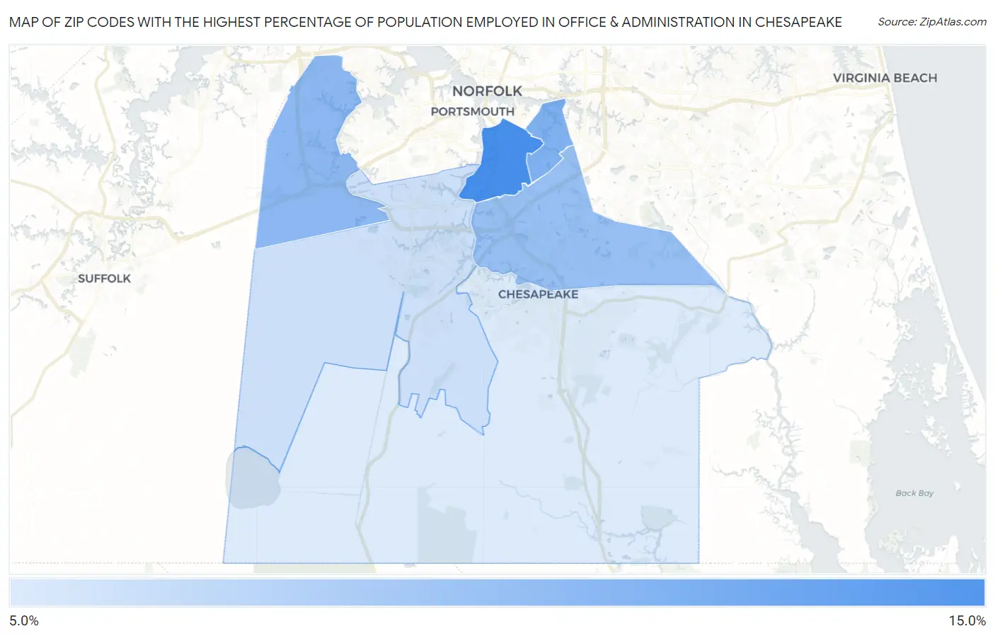 Zip Codes with the Highest Percentage of Population Employed in Office & Administration in Chesapeake Map