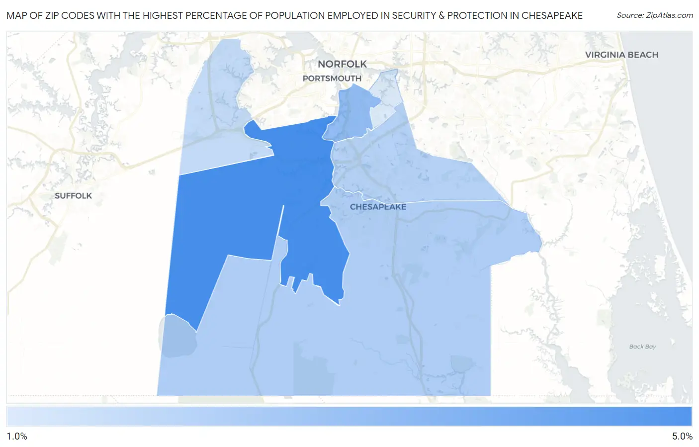 Zip Codes with the Highest Percentage of Population Employed in Security & Protection in Chesapeake Map