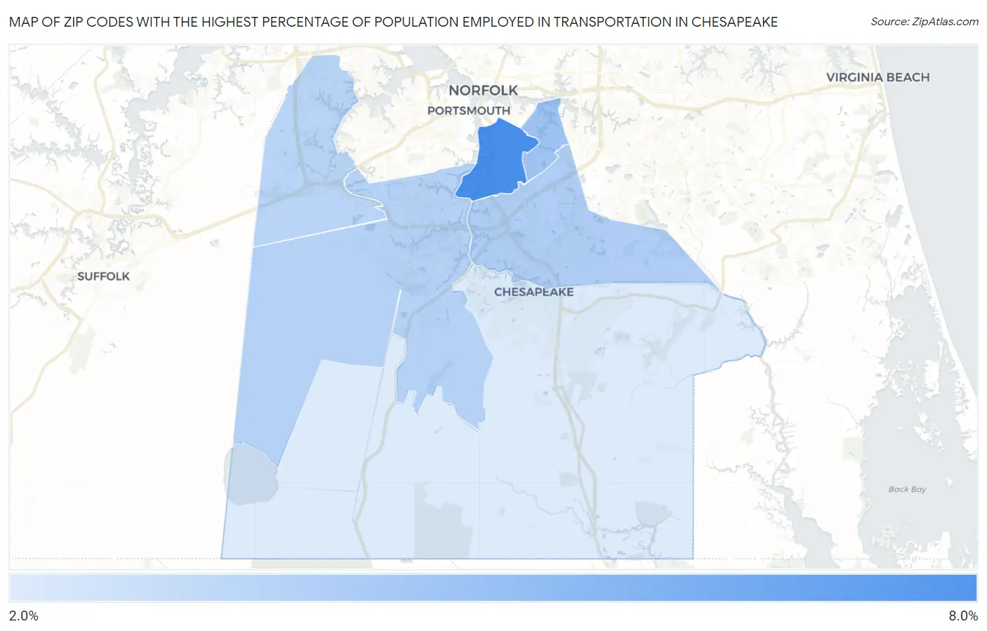 Zip Codes with the Highest Percentage of Population Employed in Transportation in Chesapeake Map