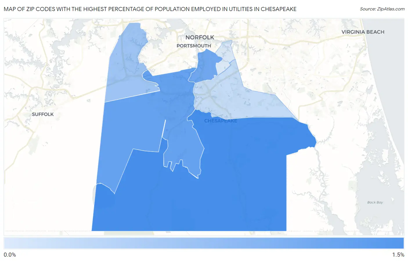Zip Codes with the Highest Percentage of Population Employed in Utilities in Chesapeake Map