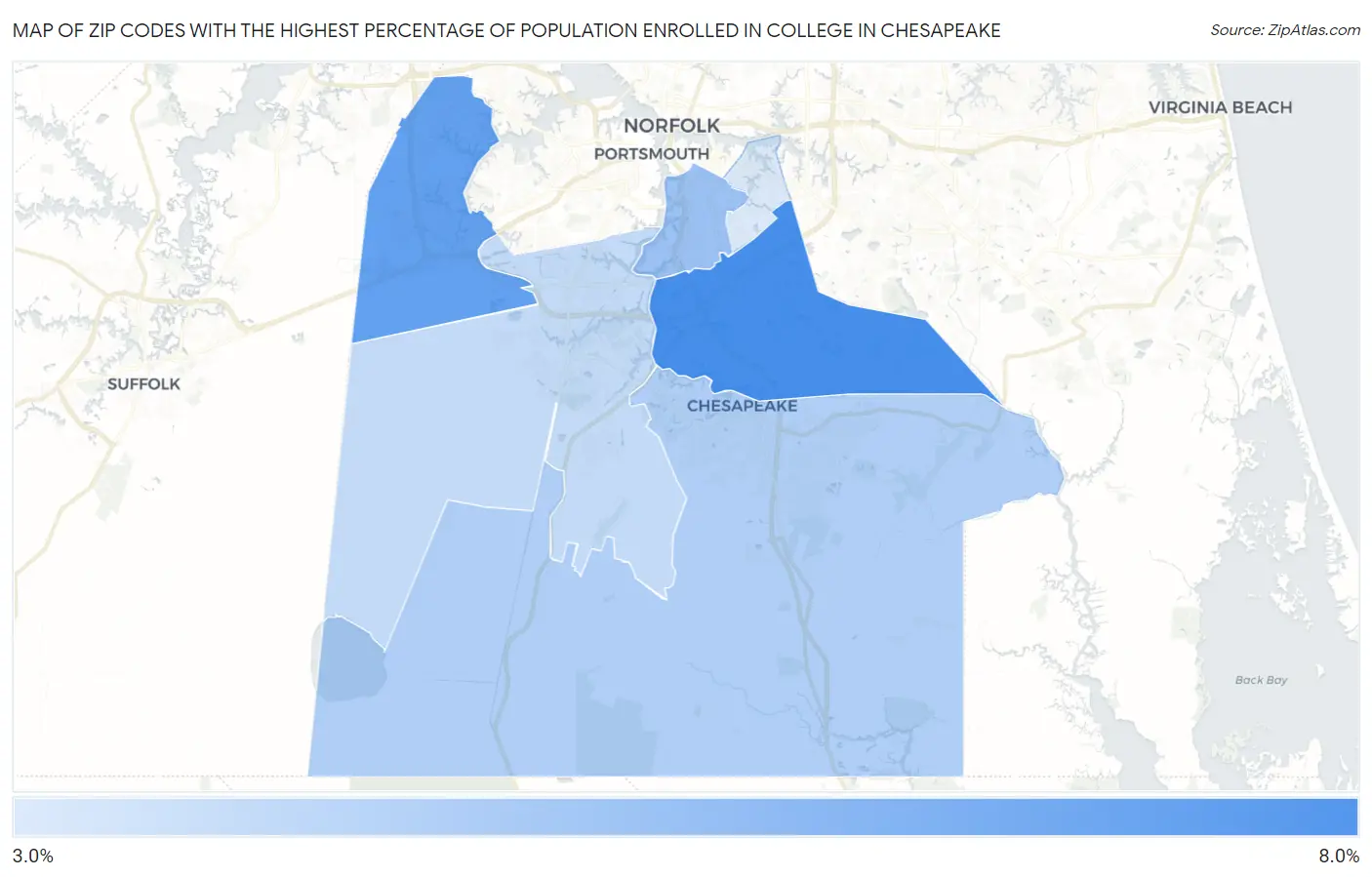 Zip Codes with the Highest Percentage of Population Enrolled in College in Chesapeake Map