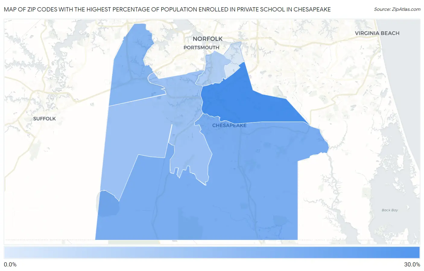 Zip Codes with the Highest Percentage of Population Enrolled in Private School in Chesapeake Map