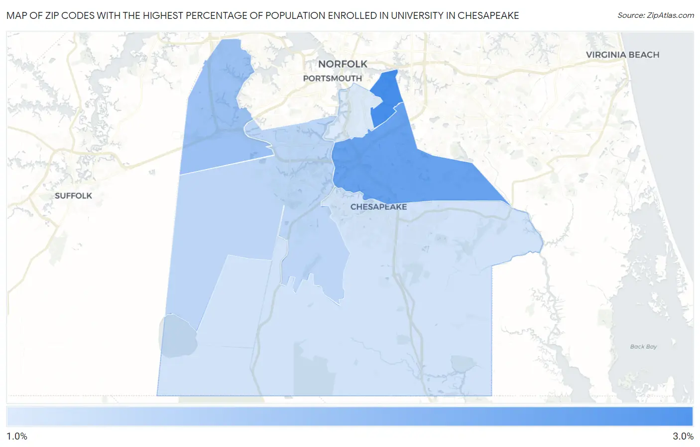 Zip Codes with the Highest Percentage of Population Enrolled in University in Chesapeake Map