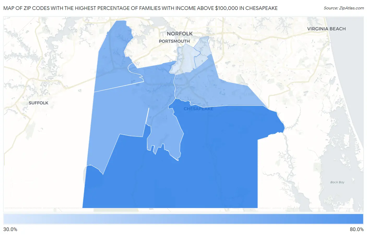 Zip Codes with the Highest Percentage of Families with Income Above $100,000 in Chesapeake Map
