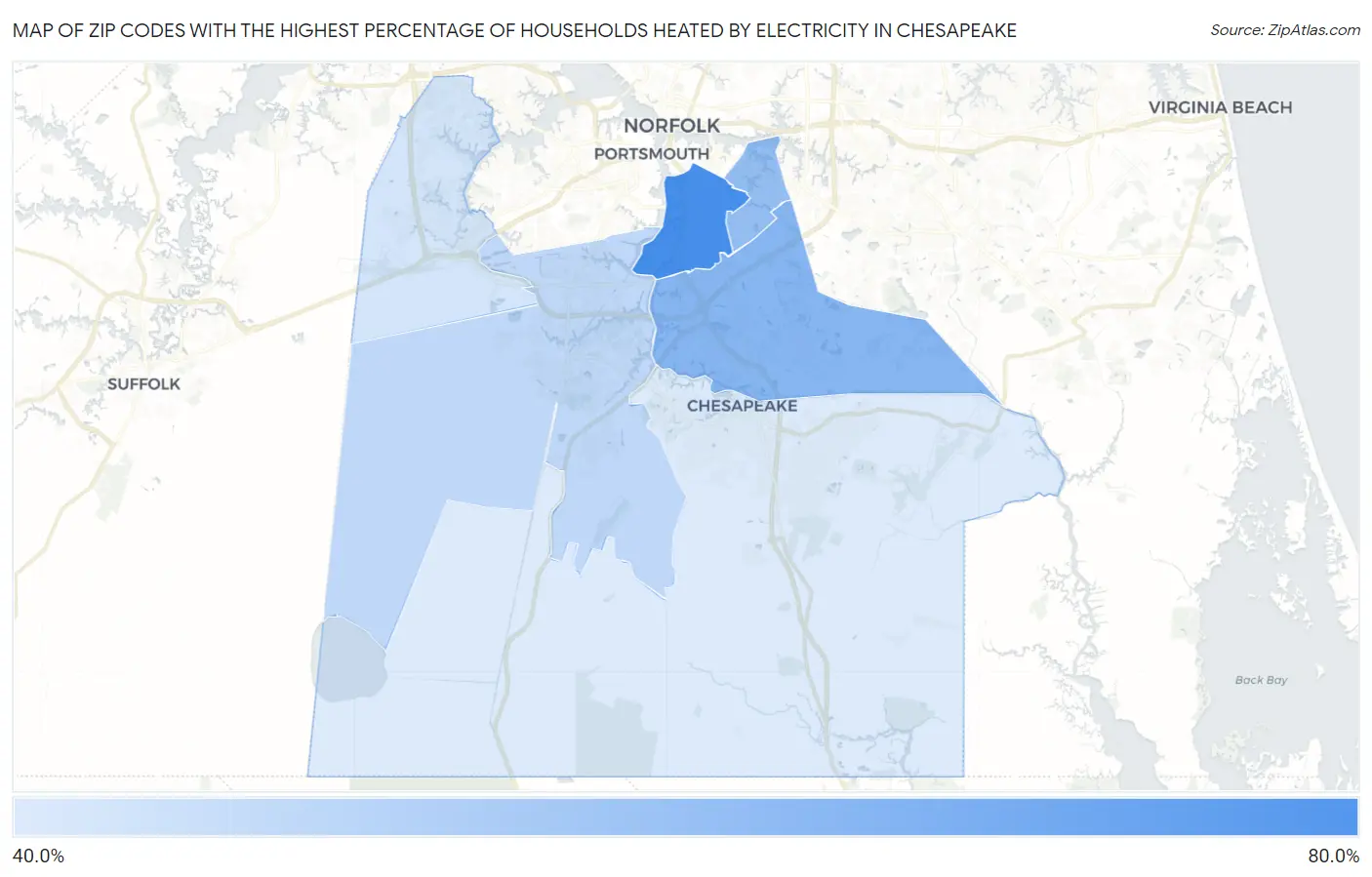 Zip Codes with the Highest Percentage of Households Heated by Electricity in Chesapeake Map
