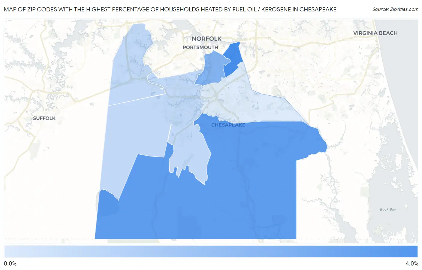 Zip Codes with the Highest Percentage of Households Heated by Fuel Oil / Kerosene in Chesapeake Map