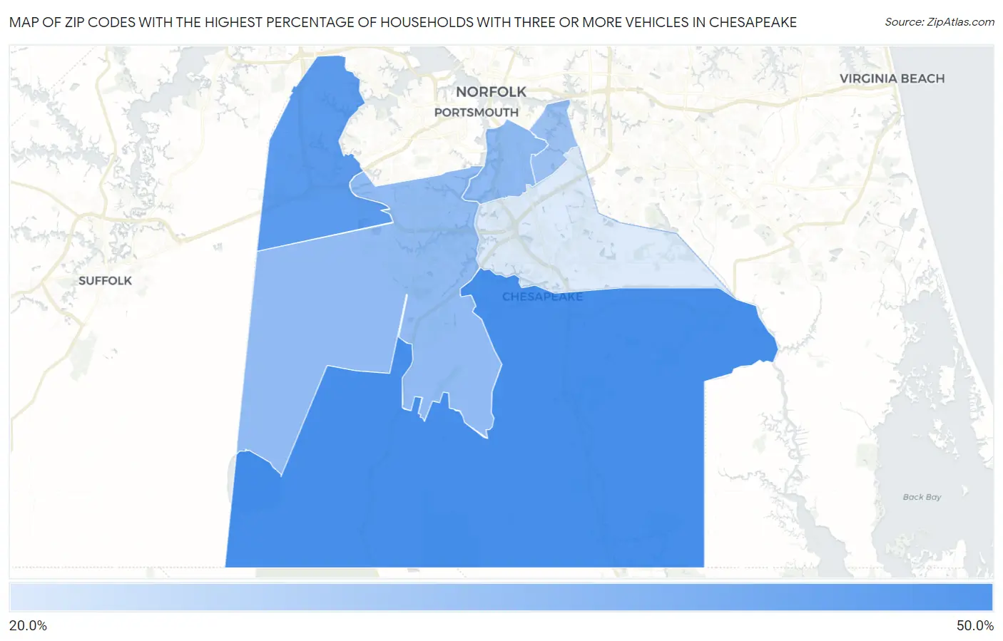 Zip Codes with the Highest Percentage of Households With Three or more Vehicles in Chesapeake Map