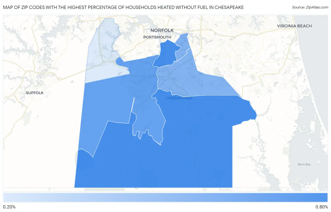Zip Codes with the Highest Percentage of Households Heated without Fuel in Chesapeake Map