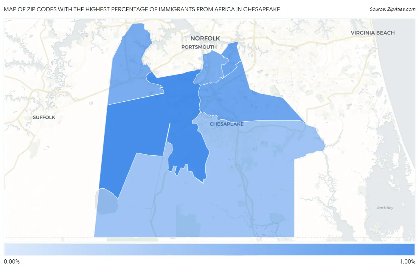 Zip Codes with the Highest Percentage of Immigrants from Africa in Chesapeake Map
