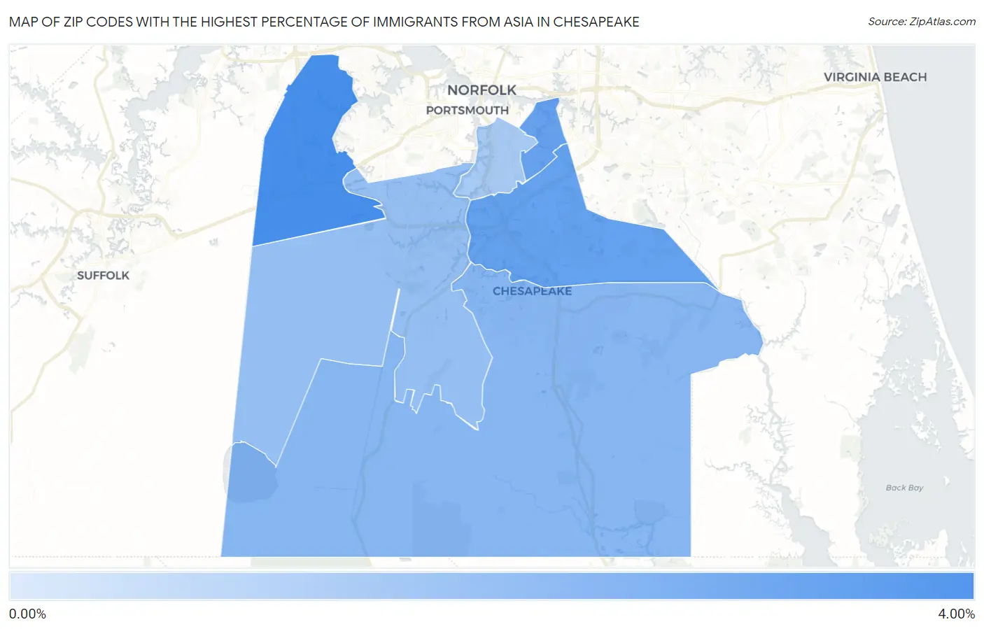 Zip Codes with the Highest Percentage of Immigrants from Asia in Chesapeake Map