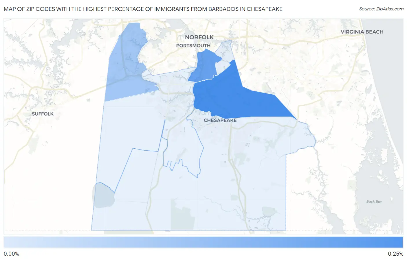 Zip Codes with the Highest Percentage of Immigrants from Barbados in Chesapeake Map