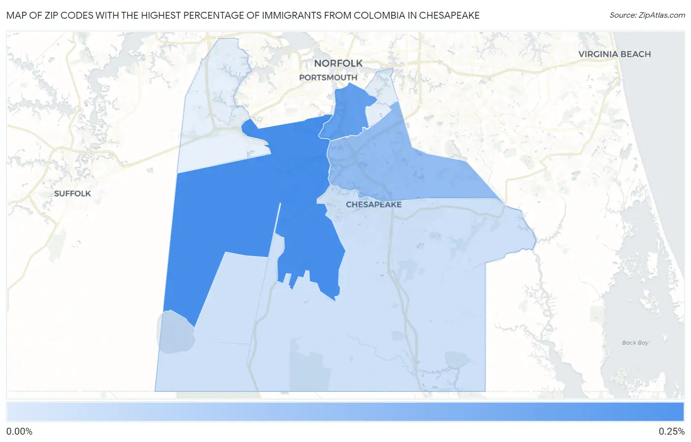 Zip Codes with the Highest Percentage of Immigrants from Colombia in Chesapeake Map
